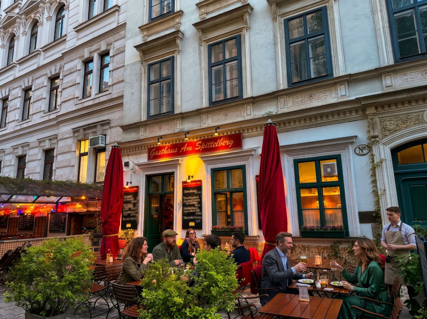 Gäste im Schanigarten vor dem Gasthaus am Spittelberg am Abend, Spittelberggasse 5, Wien 7